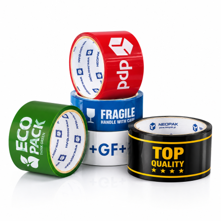 Bandes adhésives avec logo acrylique 48 mm x 54 m, 3 les couleurs, 108 pcs