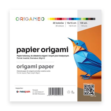 Papier coloré pour origami ORIGANEO 15x15 cm 100 Feuilles 20 couleurs